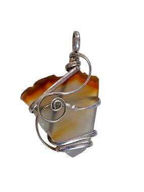 Handcrafted Silver Wire Wrapped Brown Agate Chunky Polished Gemstone Pendant